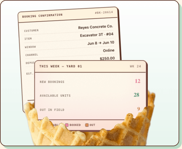 Booking confirmation and weekly inventory cards in a waffle bowl illustration